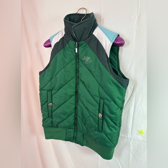 Y2K Roxy Green White and Blue Puffer Vest Women’s Size M - Picture 3 of 12